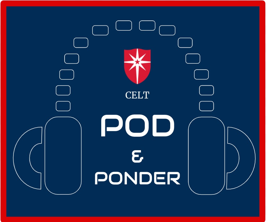 pod and ponder with headphones and SMU logo