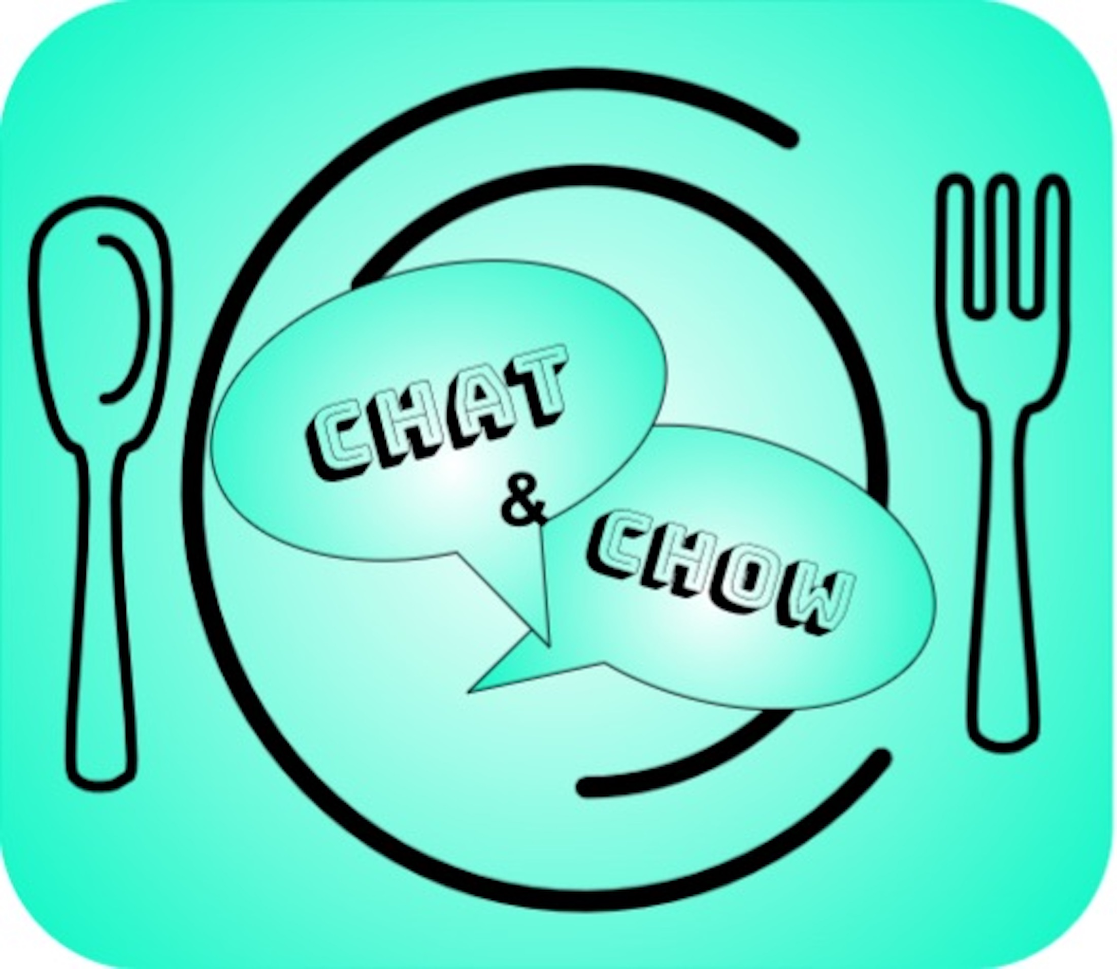 Chat and Chow in speech bubbles with Dinner Plate fork and knife