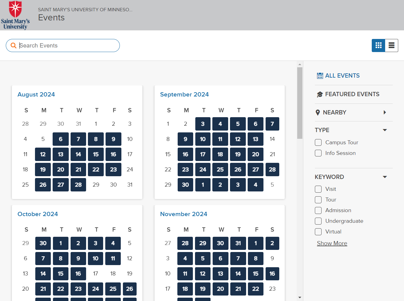 Calendar of events with white squares for months August through November and blue squares of days with events