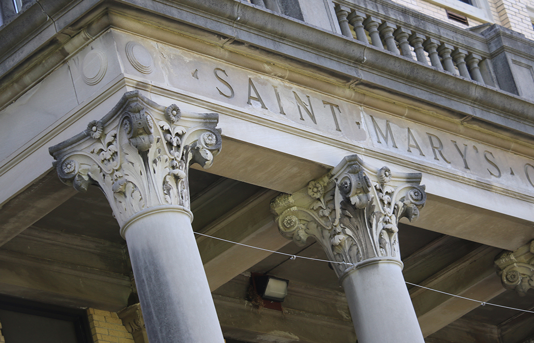 Saint Mary's Hall building pillars with the inscription Saint Mary's