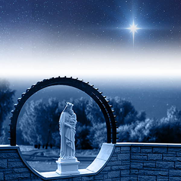 Blue Image with statue of Mary holding infant with Christmas star in starry night sky