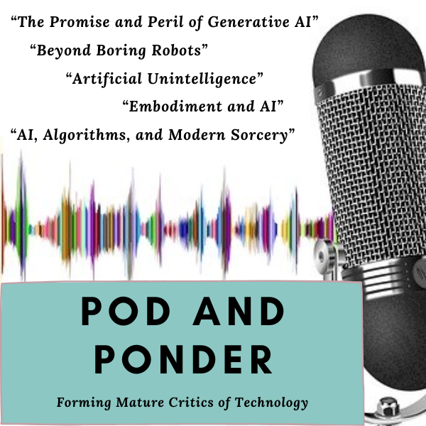 Pod and Ponder series logo with a microphone and multicolored soundwave background and titles of the podcasts listed in article..