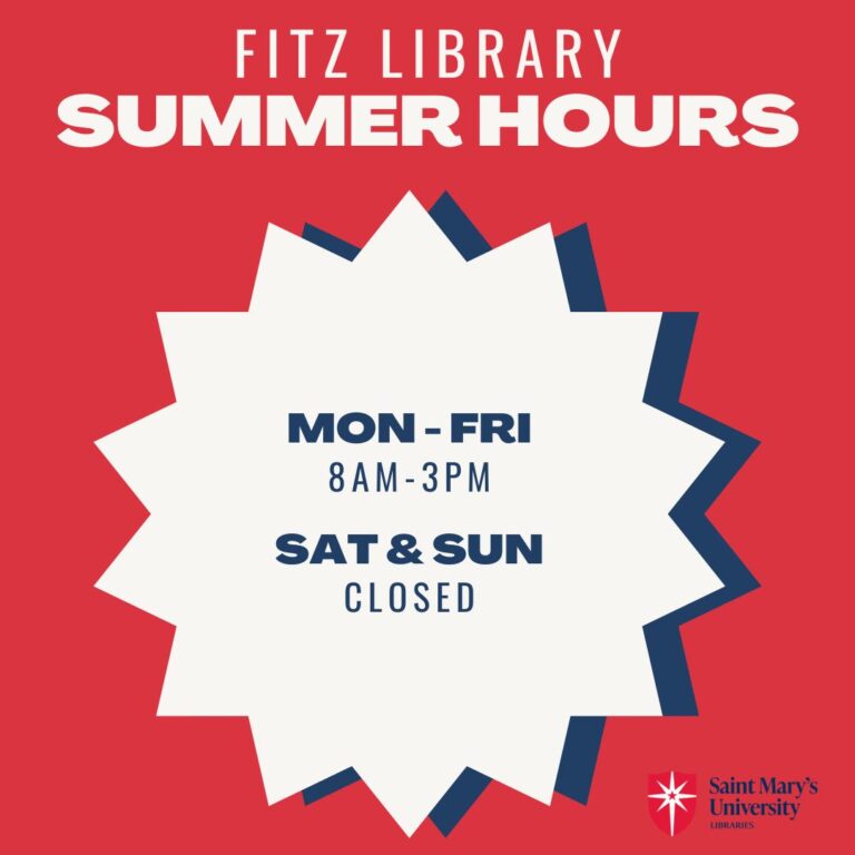 Image shows summer hours for the Fitz Library, 8 am - 3 pm, Monday - Friday.