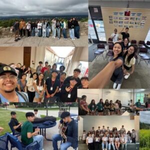 Several group photos of students of various years during multiple activities, including playing guitar, walking to class, posing in a stage, and at a scenic view.