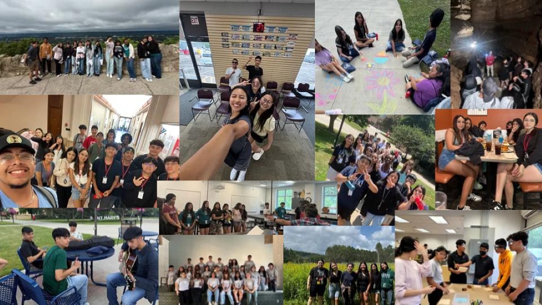 Several group photos of students of various years during multiple activities, including playing guitar, walking to class, posing in a stage, and at a scenic view.