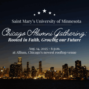 Picture of Chicago skyline at night with Chicago Alumni Gathering invitation