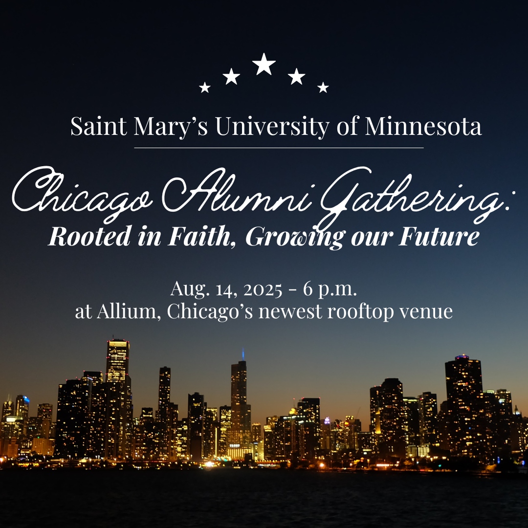 Picture of Chicago skyline at night with Chicago Alumni Gathering invitation