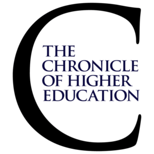 Black and white image shows text "The Chronicle of Higher Education" inside of a large letter "C."