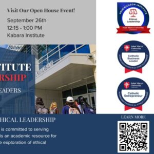 Promotional flyer for the Saint Mary’s University of Minnesota Hendrickson Institute for Ethical Leadership Open House. The flyer includes the Saint Mary’s logo, event details (“September 26th, 12:15–1:00 PM, Kabara Institute”), and text reading “Developing Exceptional Leaders” and “Join our badge program on ethical leadership.” It highlights badge options in Ethical Leadership, Catholic Business Leadership, and Catholic Entrepreneurship, each shown with circular badge icons. At the bottom right is a QR code with the caption “Learn More.” The background includes a photo of students walking outside a campus building.