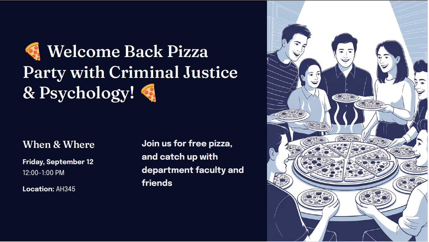 Welcome Back Pizza Poster -meet with Psychology and Criminal Justice faculty Friday, Sept 12, 12:15-1, Aquinas 345 with pizza