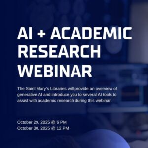 Images shows white text that reads, "AI and Academic Research Webinar," over a dark blue background.
