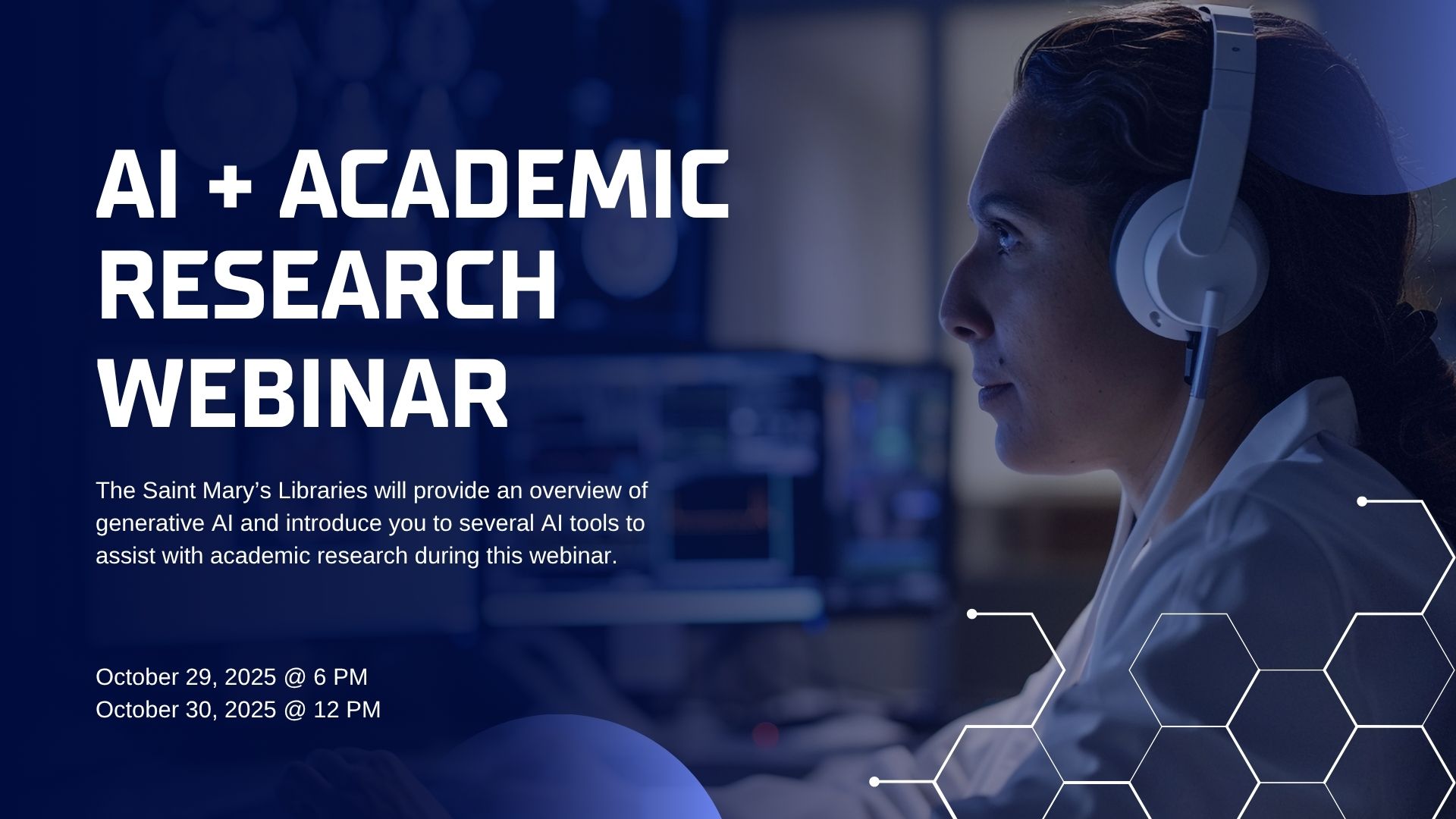 Images shows white text that reads, "AI and Academic Research Webinar," over a dark blue background.