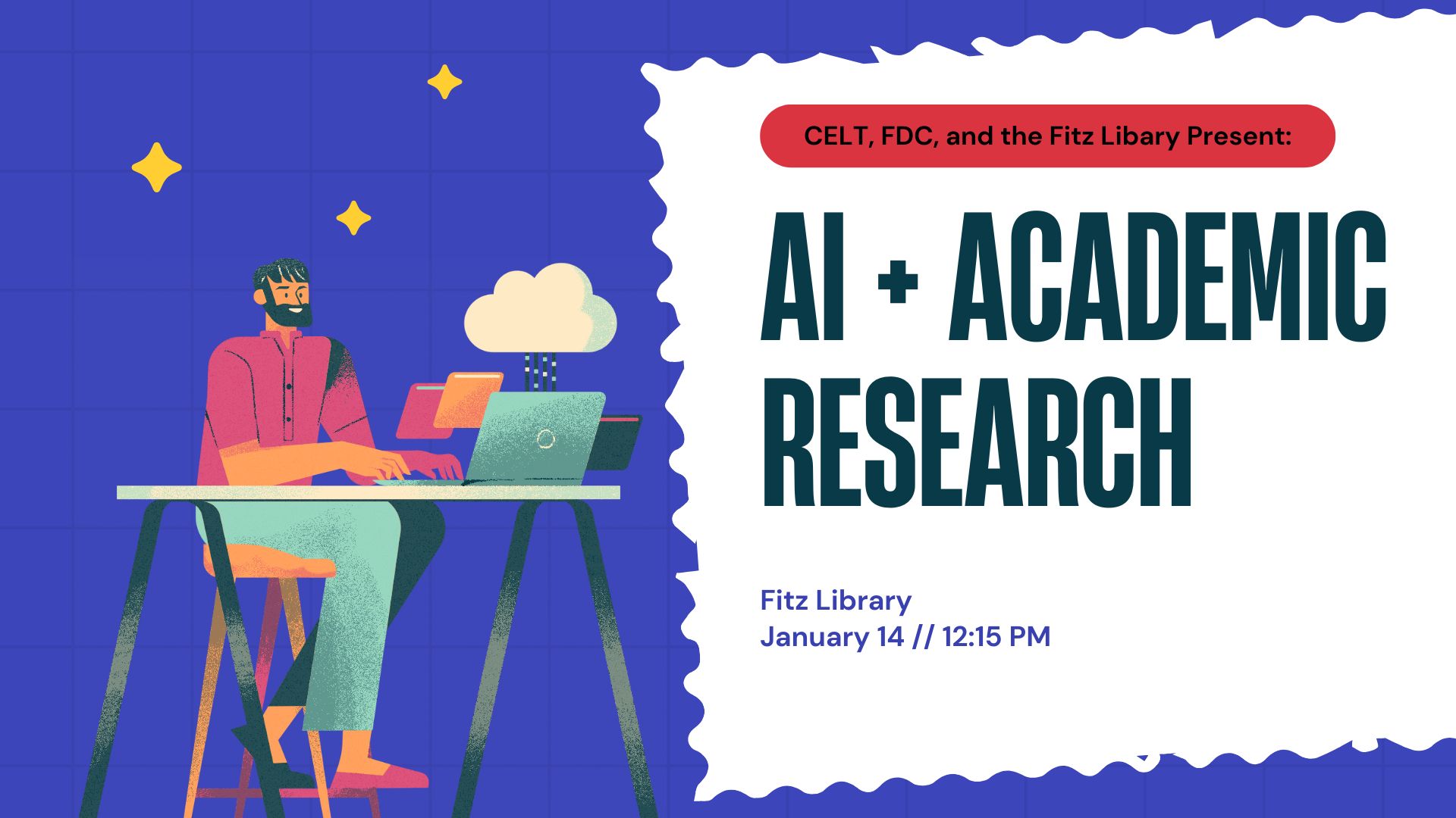 Image shows dark blue text that reads, "AI and academic research, Fitz Library January 14 // 12:15 pm" over a white scalloped background.