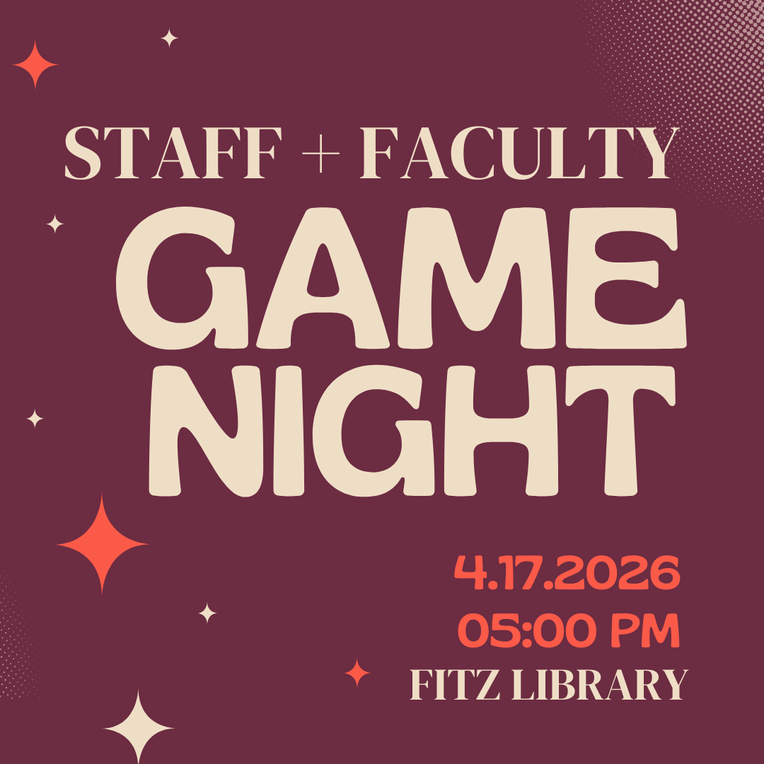 ​Image shows the text Staff and Faculty Game Night in cream and orange font on a maroon background.