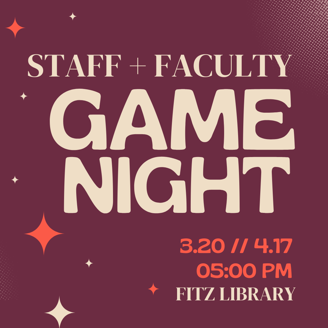Image shows the text Staff and Faculty Game Night in cream and orange font on a maroon background.