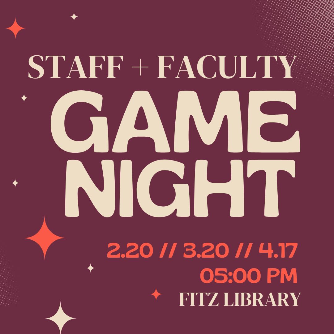 Image shows the text Staff and Faculty Game Night in cream and orange font on a maroon background.