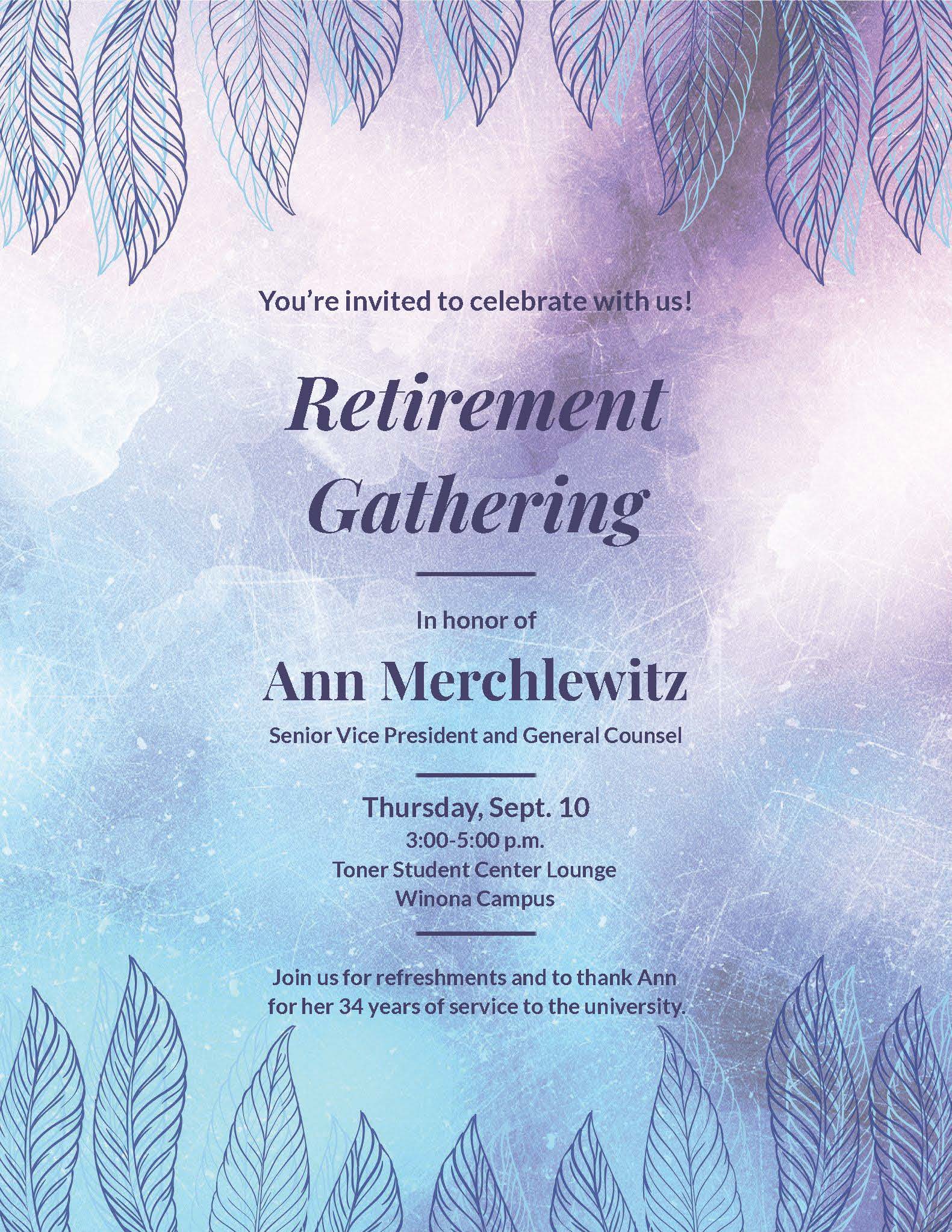 Invitation to retirement celebration for Ann Merchlewitz