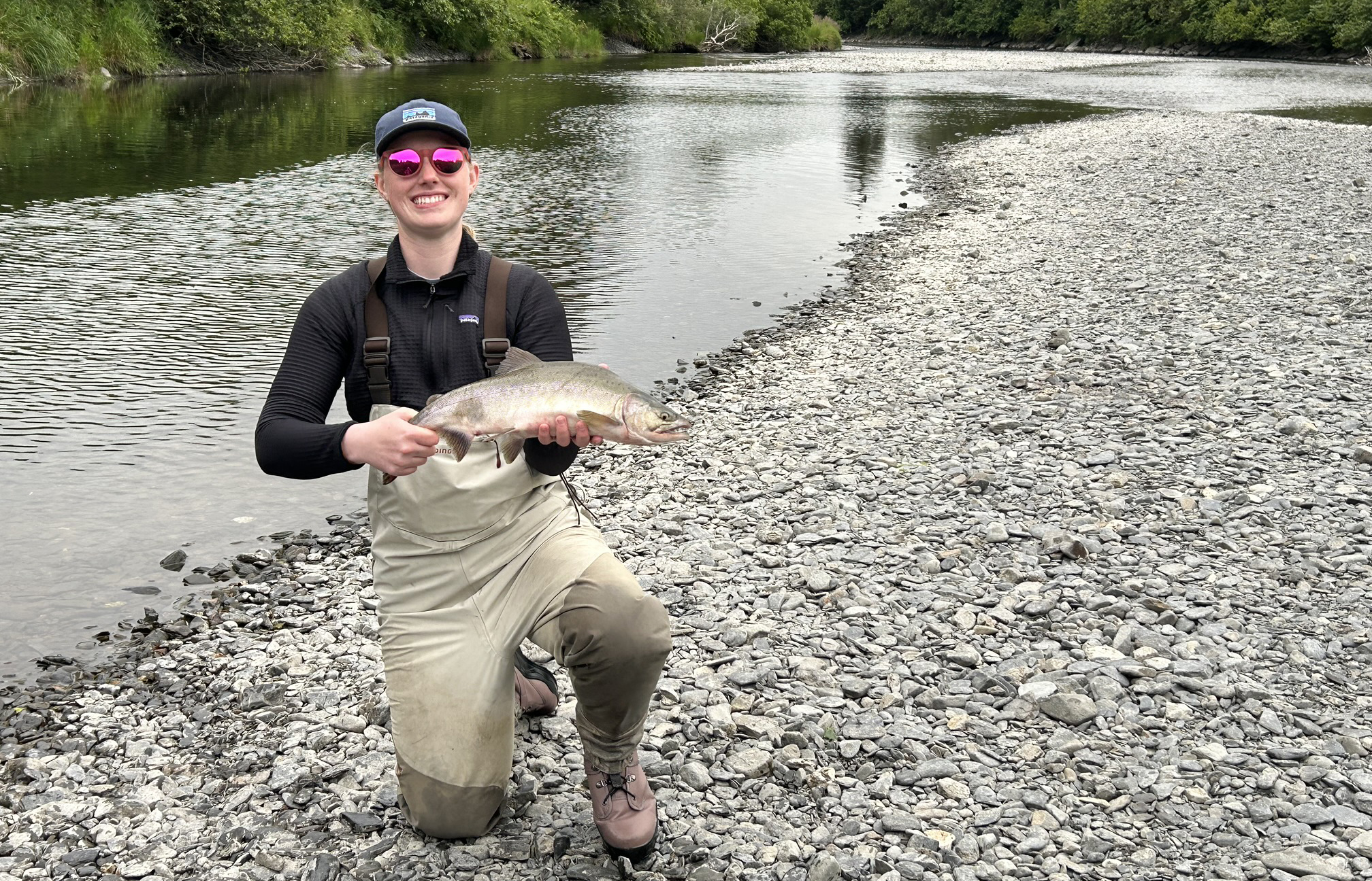 A person kneels on a rocky riverbank, smiling and holding a large fish. They're wearing sunglasses, a cap, and waders. The river flows gently in the background, bordered by lush greenery.