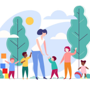 Children in a child care setting with teacher