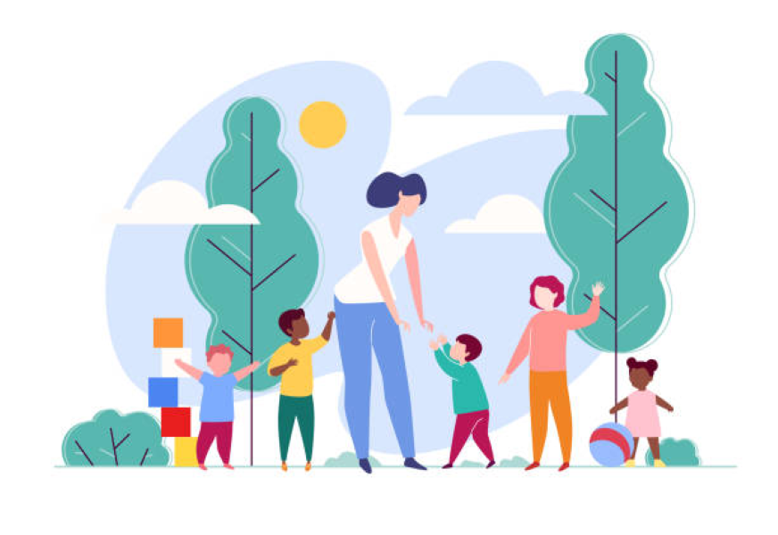 Children in a child care setting with teacher