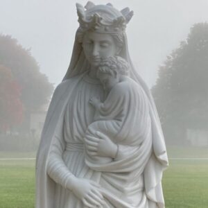 Mary statue and fall leaves