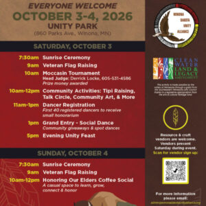 Poster for the 2026 Winona-Dakota Gathering, taking place October 3–4, 2026, at Unity Park in Winona, Minnesota.