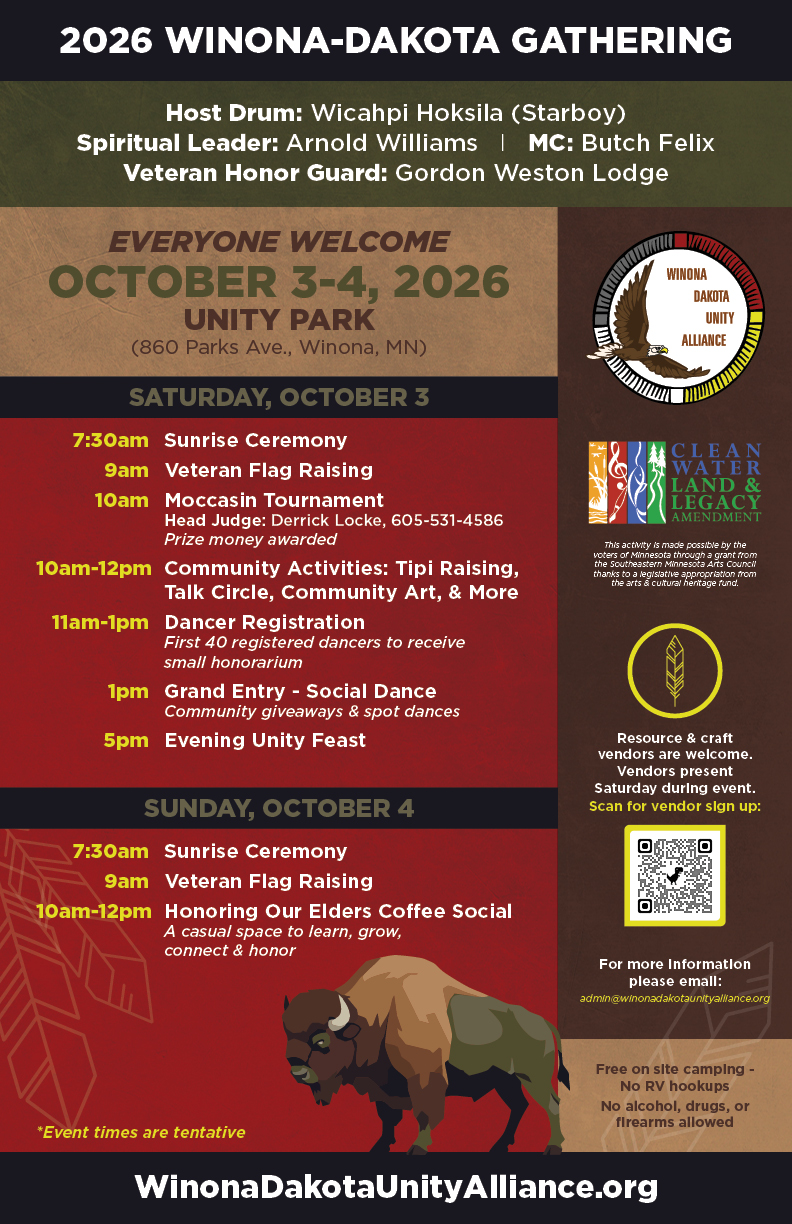 Poster for the 2026 Winona-Dakota Gathering, taking place October 3–4, 2026, at Unity Park in Winona, Minnesota.